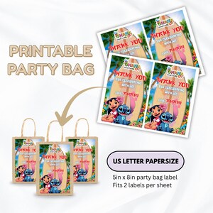 May include: Printable party bag set with a tropical theme. The design features a surfboard, Lilo and Stitch, and the text "Thank You for Celebrating with Us! Love Amari." The set includes party bags and labels, sized at 12.7cm x 20.3cm.