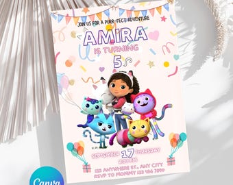 Gabbys Doll House Birthday Party Invite, Cute Kitty Theme Invitation for Girls, Cat Party Theme Invitation for Girl, Editable Canva Download