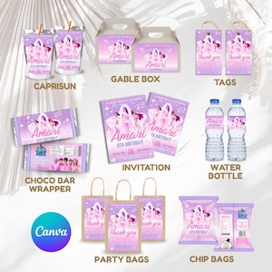 May include: A collection of party supplies with a lavender theme, including Capri Sun pouches, gable boxes, tags, invitations, water bottles, chocolate bar wrappers, party bags, and chip bags. Each item features the name "Amari" and "9th Birthday".
