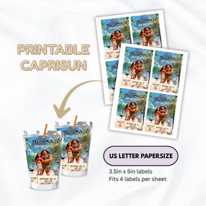 May include: Printable Capri Sun labels featuring Moana and Maui graphics with text reading Moana's 3rd Birthday. Includes US Letter paper size, 3.5 inch by 5 inch labels, and fits 4 labels per sheet. Two juice pouches with labels are shown.