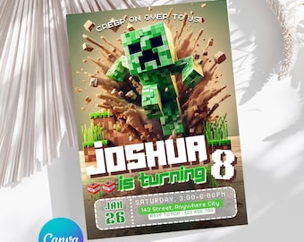 Editable Minecrafter Birthday Invitation, Gamer Party Card, Pixel Block Game Theme, Printable Kids Invite, Instant Download