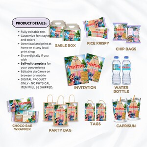 May include: A selection of party supplies with a tropical theme, featuring Lilo and Stitch. Includes gable boxes, rice krisps, chip bags, invitations, water bottles, chocolate bar wrappers, party bags, tags, and Capri Sun drinks.