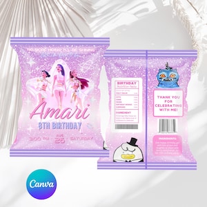 May include: Two lavender-colored chip bags with a birthday theme. The front bag features three cartoon figures, the name "Amari", and "8th Birthday". The back bag has a nutrition facts label, a cartoon owl, and a thank you message.