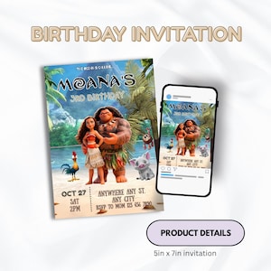May include: A 5in x 7in birthday invitation featuring Moana and Maui characters on a beach with palm trees. The text reads Moana's 3rd Birthday, Oct 27, Sat, 2pm, Anywhere Any St, Any City, RSVP to Mom 123 456 7890. A smartphone displays the same design.