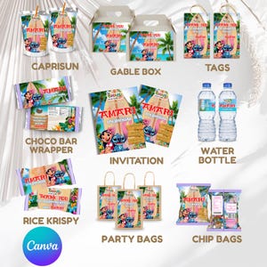 May include: A selection of party supplies with a tropical theme, featuring Lilo and Stitch characters. Includes CapriSun pouches, gable boxes, tags, chocolate bar wrappers, invitations, water bottles, rice krispy treats, party bags, and chip bags.