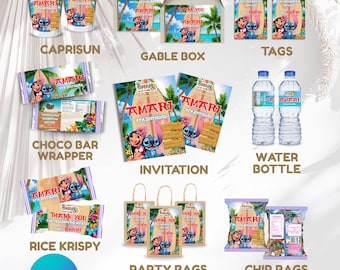 Stitch Birthday Party Pack, Stitch Birthday Bundle, Invite Caprisun Gable Box Party Bag Chip Bag Gift Tag Choco Bar Water Bottle Rice Krispy