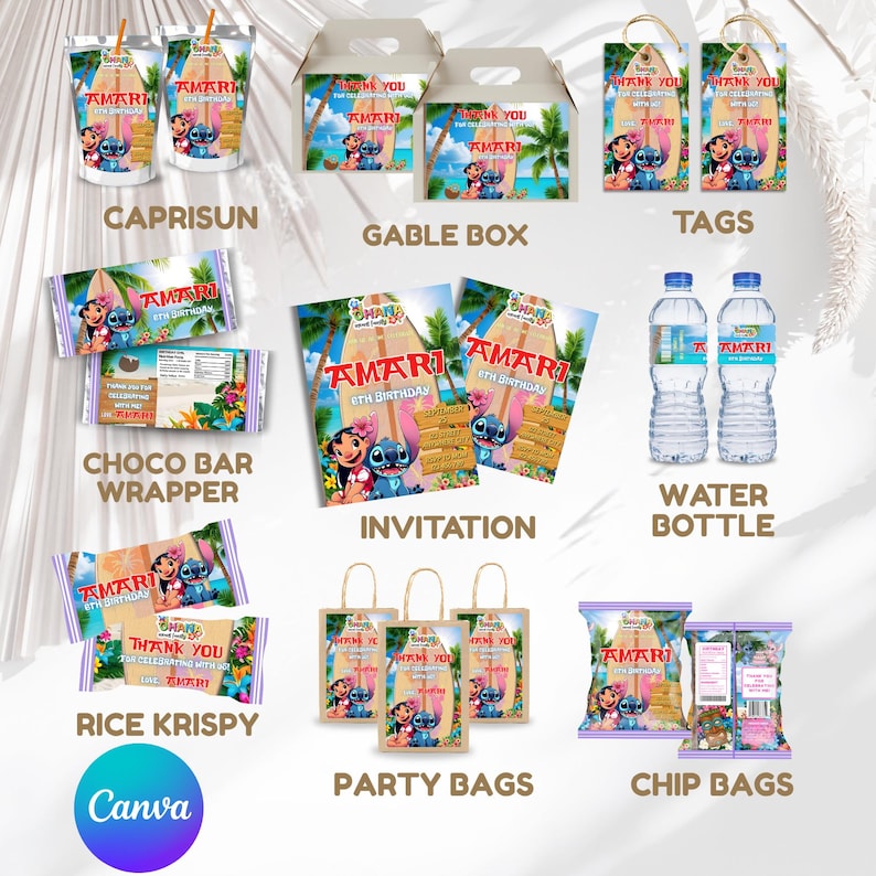 May include: A selection of party supplies with a tropical theme, featuring Lilo and Stitch characters. Includes CapriSun pouches, gable boxes, tags, chocolate bar wrappers, invitations, water bottles, rice krispy treats, party bags, and chip bags.