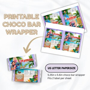 May include: Printable chocolate bar wrappers with a tropical theme. The wrappers feature the text "AMARI 8TH BIRTHDAY" and a cartoon image of Lilo and Stitch. The wrappers are designed to fit a 13.3cm x 14.2cm chocolate bar.