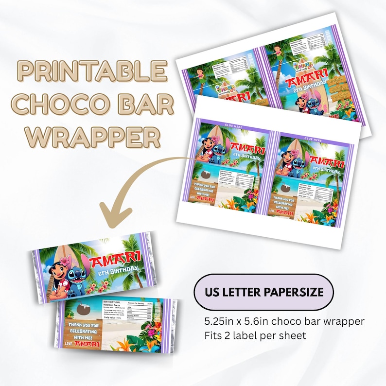 May include: Printable chocolate bar wrappers with a tropical theme. The wrappers feature the text "AMARI 8TH BIRTHDAY" and a cartoon image of Lilo and Stitch. The wrappers are designed to fit a 13.3cm x 14.2cm chocolate bar.