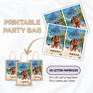 May include: A printable party bag label set featuring Moana characters on a tropical beach background with the text Thanks for being part of my voyage and Love, Moana. The US letter paper size sheet includes two 5in x 8in labels for party bags.