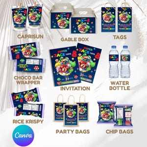 May include: Party supplies with a Super Mario theme, including CapriSun pouches, gable boxes, tags, chocolate bar wrappers, invitations, water bottles, Rice Krispy treats, party bags, and chip bags. All items have a blue background with character graphics.