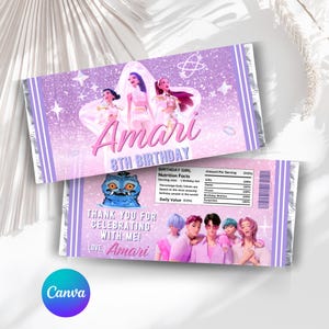 May include: Two candy bar wrappers with a purple and pink design. The top wrapper says "Amari 8th Birthday" with illustrations of people. The bottom wrapper says "Thank you for celebrating with me!" and features a cartoon monster.