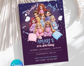 Princess Slumber Birthday Party Invitation, Sleepover Party Invitation, Sleepover Birthday Invite, Princess Sleepover Personalized Invite