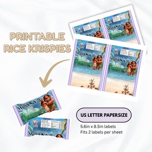 May include: Printable Rice Krispies wrappers featuring Moana characters on a beach background with the text Moana's 3rd Birthday. The US letter paper size sheet includes two 5.6in x 8.5in labels with nutrition facts and a small pig graphic.