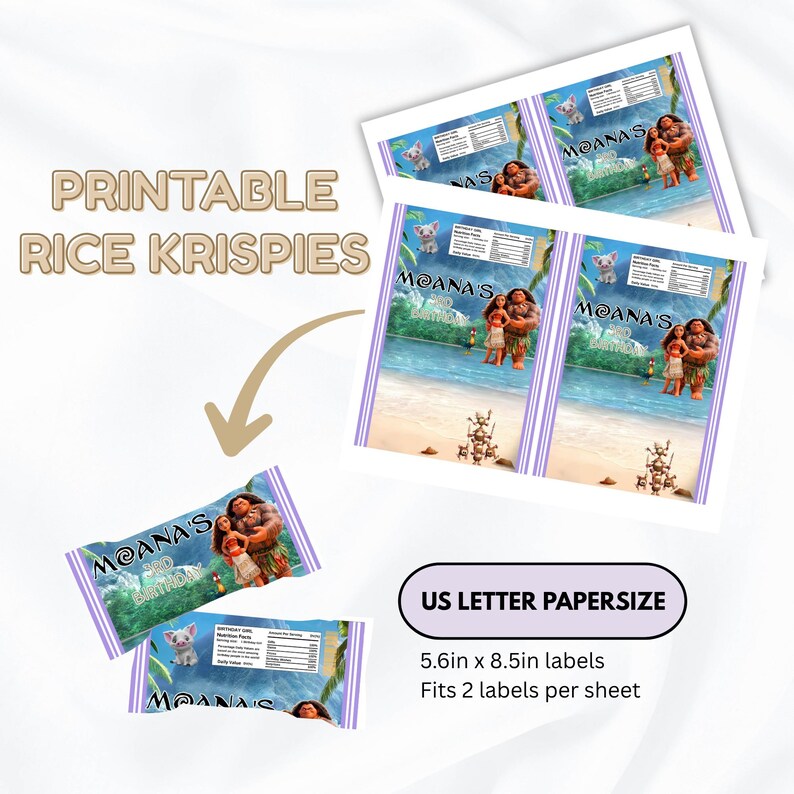 May include: Printable Rice Krispies wrappers featuring Moana characters on a beach background with the text Moana's 3rd Birthday. The US letter paper size sheet includes two 5.6in x 8.5in labels with nutrition facts and a small pig graphic.