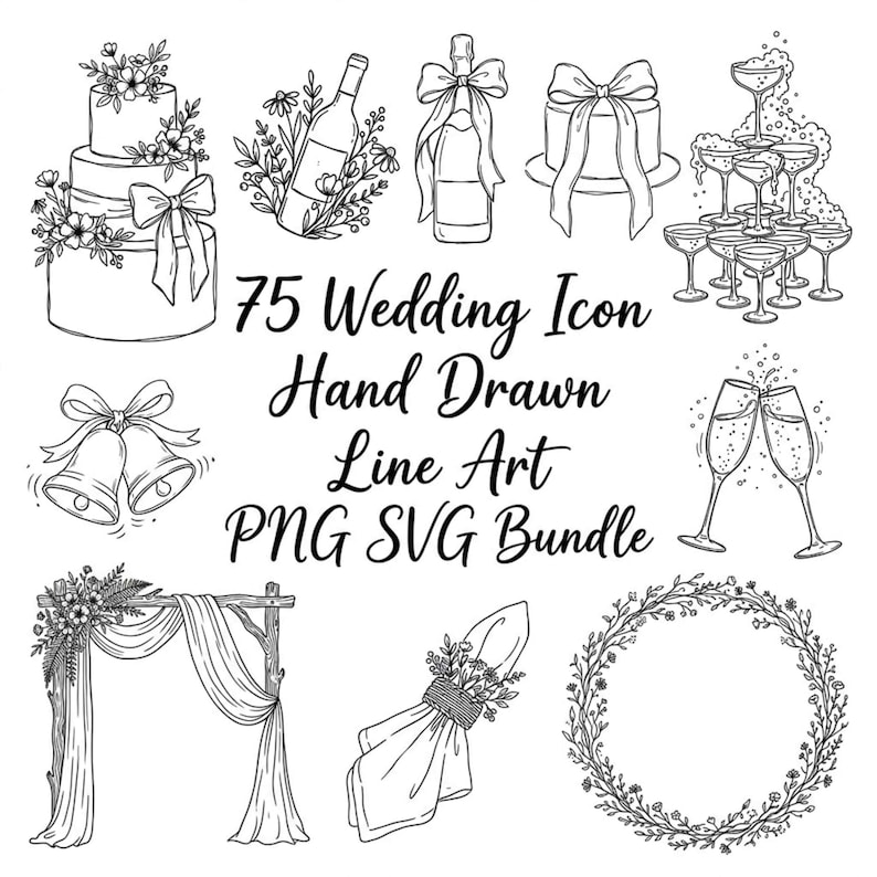 Wedding Icon Line Art Bundle | Hand Drawn Floral Graphics (SVG, PNG) - Etsy