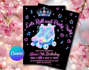 Plantilla de invitación Roll & Party 5x7, invitación editable en Canva con diseño de patines en tonos pastel, descarga instantánea.