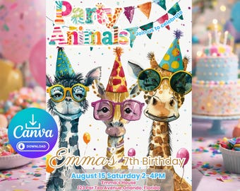 Party Animals 7th Birthday Invitation Template 5x7, Editable Canva Safari Giraffe Invite, Instant Download