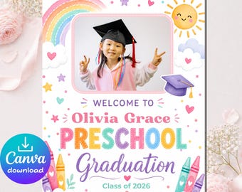 Plantilla de cartel de bienvenida para graduación preescolar, cartel fotográfico editable en Canva, fiesta de graduación de preescolar y jardín de infantes, descarga instantánea.