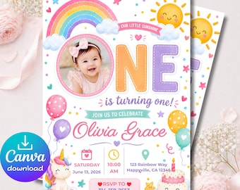 Invitación de primer cumpleaños de unicornio arcoíris 5x7, invitación editable en Canva, invitación con foto en tonos pastel, descarga instantánea.