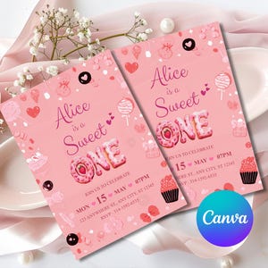 May include: Two pink invitations with the text "Alice is a Sweet ONE" in a playful font. The invitations feature donut and cupcake illustrations, with event details. The Canva logo is visible.