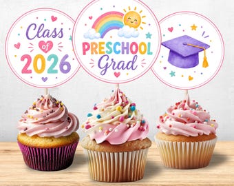Plantilla para adornos de cupcakes de graduación preescolar, arcoíris pastel, sol, birrete, descarga instantánea.