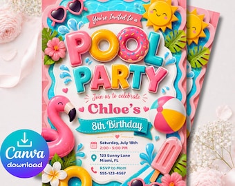 Invitación de cumpleaños número 8 con fiesta en la piscina, 5x7 pulgadas, invitación editable en Canva, fiesta de verano con flamencos tropicales, descarga instantánea.
