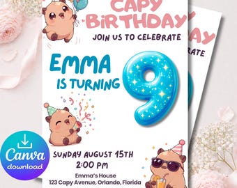 Invitación de cumpleaños número 9 con diseño de capibara, 5x7 pulgadas, invitación editable en Canva, fiesta de cumpleaños con diseño de capibara, descarga instantánea.