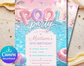 Invitación de cumpleaños número 10 para fiesta en la piscina, 5x7 pulgadas, invitación editable en Canva, fiesta veraniega en tonos pastel junto a la piscina, descarga instantánea.