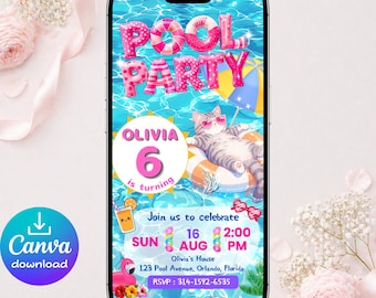 Invitación móvil para fiesta en la piscina de 6º cumpleaños, invitación editable para teléfono con diseño de gato veraniego en Canva, descarga instantánea.
