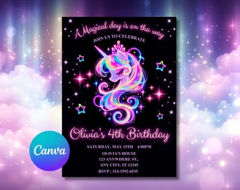 Neon Unicorn 4th Birthday Invitation 5x7, Editable Canva Glow Party Girl Invite, Instant Download