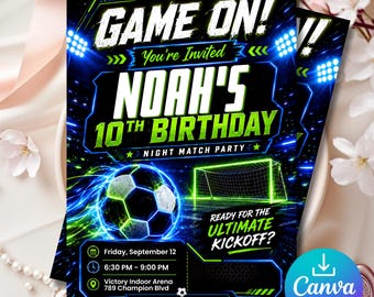 Invitación de cumpleaños número 10 con temática de fútbol nocturno neón, plantilla para fiesta "Game On", descarga instantánea.