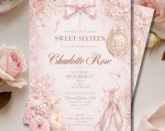 Invitación de cumpleaños número 16, invitación de fiesta de quinceañera con lazo rosa estilo ballet, plantilla editable de Canva.