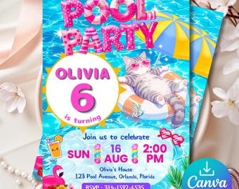 Plantilla de invitación para fiesta en la piscina de 6º cumpleaños (5x7), invitación editable de Canva con flotador de gato, descarga instantánea.