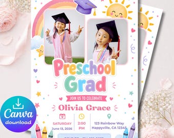Plantilla de invitación de graduación preescolar 5x7, invitación fotográfica editable en Canva, fiesta de graduación de preescolar y jardín de infantes, descarga instantánea.