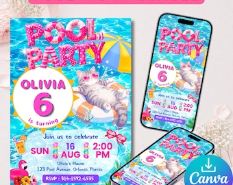 Paquete de invitaciones para fiesta en la piscina de 6º cumpleaños, invitaciones editables en Canva de 5x7 y para móvil, descarga instantánea.