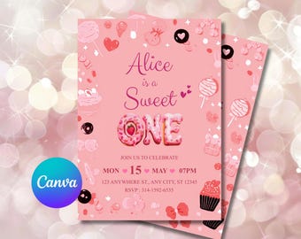 Plantilla de invitación para el primer cumpleaños de Sweet One (5x7), editable en Canva, con lazo rosa pastel, descarga instantánea e imprimible.