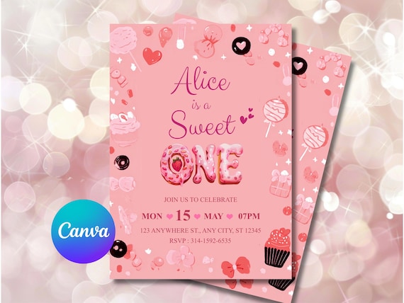 Sweet One 1st Birthday Invitation Template 5x7, Editable Canva Invite, Pink Bow Pastel Birthday Invitation, Instant Download Printable