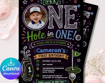 Invitación de primer cumpleaños con temática de golf, 5x7 pulgadas, invitación "Hoyo en uno", invitación editable con foto en Canva, fiesta de golf Par-Tee.