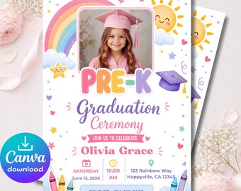 Plantilla de invitación para graduación de preescolar, invitación fotográfica editable en Canva, fiesta de graduación de preescolar de la clase de 2026, descarga instantánea.