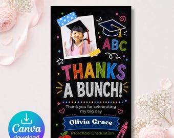 Plantilla de etiqueta de agradecimiento para graduación preescolar, etiqueta fotográfica editable de Canva, fiesta de graduación de preescolar y jardín de infantes, descarga instantánea.