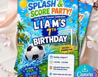 Invitación de cumpleaños número 7 con temática de fútbol, fiesta Splash and Score, plantilla de Canva para diversión veraniega, descarga instantánea.