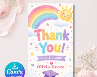 Juego de 3 etiquetas de agradecimiento para graduación preescolar, etiquetas editables de Canva con diseño de arcoíris para recuerdos de graduación, descarga instantánea.