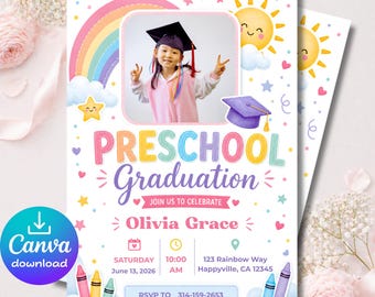 Plantilla de invitación de graduación preescolar 5x7, invitación de graduación con foto editable en Canva, descarga instantánea.