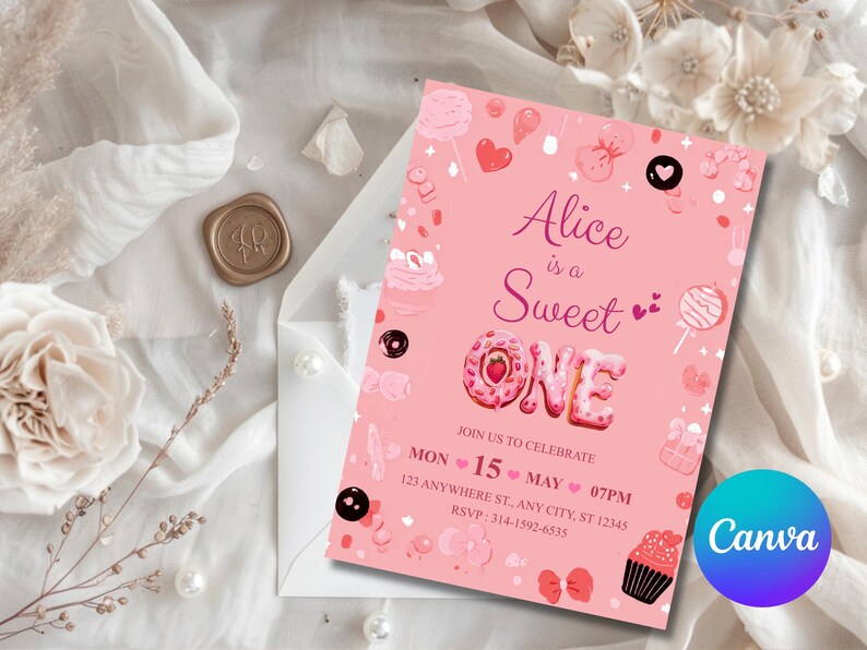 May include: Pink birthday invitation with the text "Alice is a Sweet ONE." The invitation features illustrations of cupcakes, donuts, and lollipops. The date and time of the event are also included. The invitation is surrounded by decorative elements.