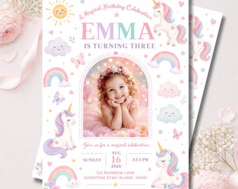 Plantilla de invitación de cumpleaños de unicornio para el tercer cumpleaños, 5x7, invitación fotográfica editable en Canva, fiesta mágica de arcoíris pastel, descarga instantánea.