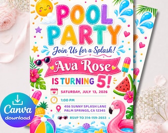 Invitación de cumpleaños para fiesta en la piscina (5x7), invitación editable en Canva, cumpleaños veraniego con flamencos tropicales, descarga instantánea.