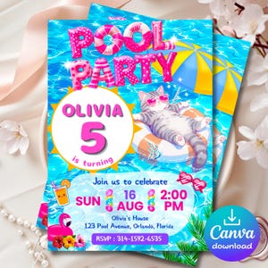 May include: Pool party invitation with a cartoon cat wearing sunglasses floating on a pool float. The invitation is turquoise with pink and yellow text that reads "Pool Party" and includes event details for Olivia's 5th birthday.