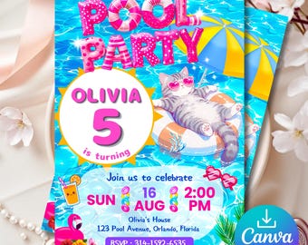 Pool Party 5th Birthday Invitation Template 5x7, Editable Canva Cat Pool Float Invite, Instant Download