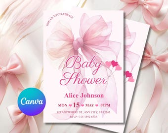 Invitación para baby shower con lazo rosa, 5x7 pulgadas, invitación para baby shower de niña, plantilla de Canva con lazo coqueto, descarga instantánea.